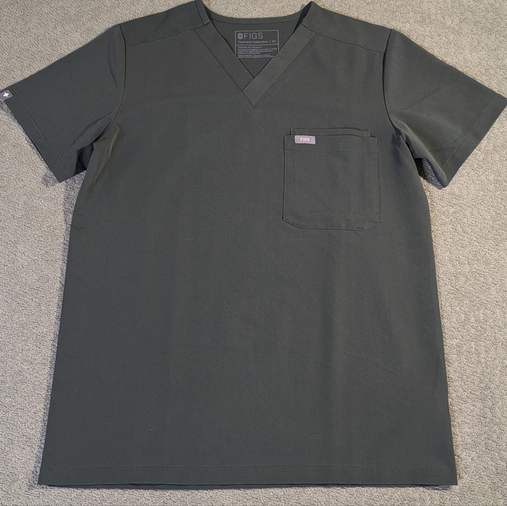 FIGS Technical Collection Scrub Top XS Dark Olive Green V-Neck FM1500